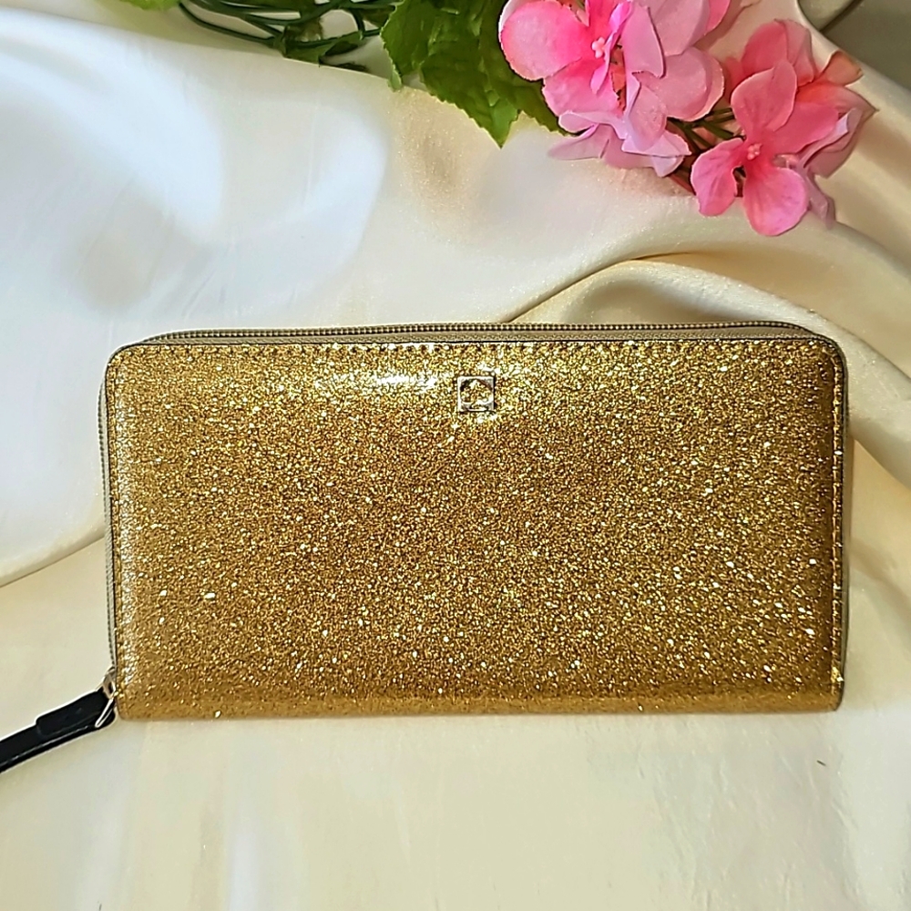 KATE SPADE  Gold Glitter Leather  Zip Around  Wallet